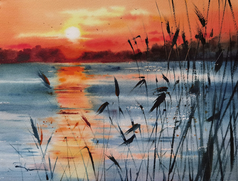 Acuarela: Puesta de sol
