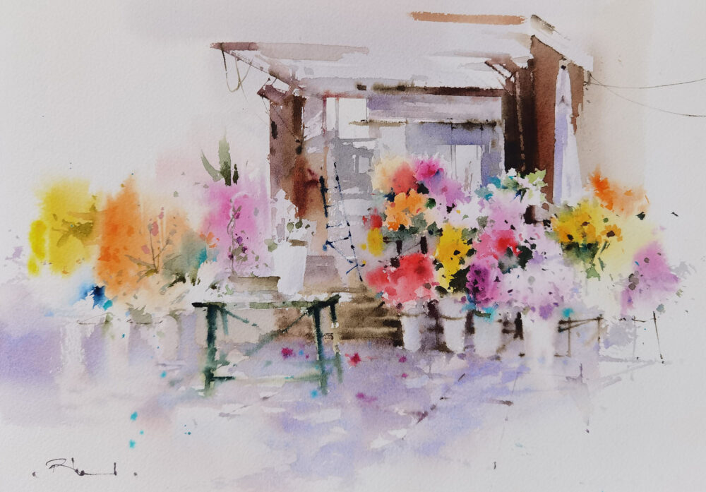 Acuarela: Puestos de flores